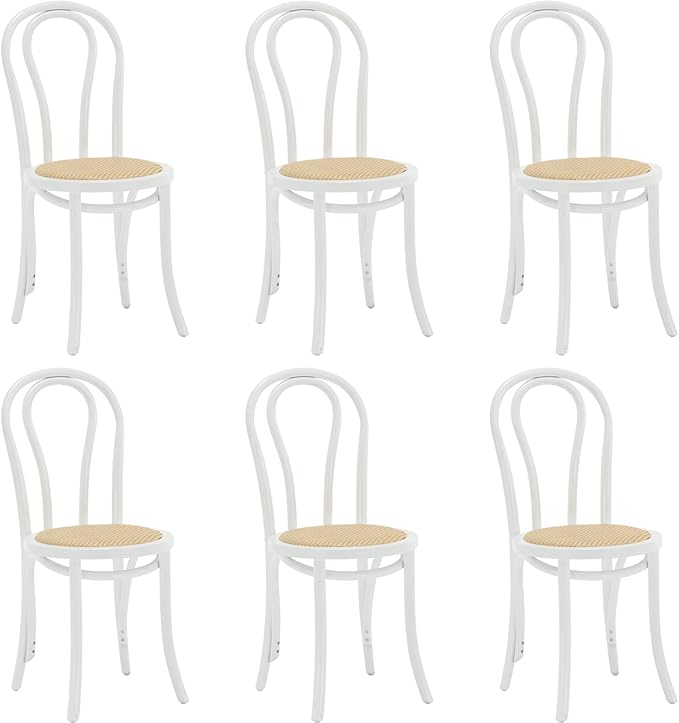 Kmax Vintage Dining Chairs Set of 6, Thonet Soild Wood Rattan Kitchen Chairs Armless French Country Dining Chairs for Wedding Hotel Dessert Shop Cafe, White