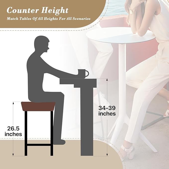 Athena Collection Counter Height Bar Stools Set of 2, 26 Inches Saddle Bar Stools with Leather Upholstered and Metal Legs, Backless Barstools for Counter, Kitchen Island, Dining Room, Mocha