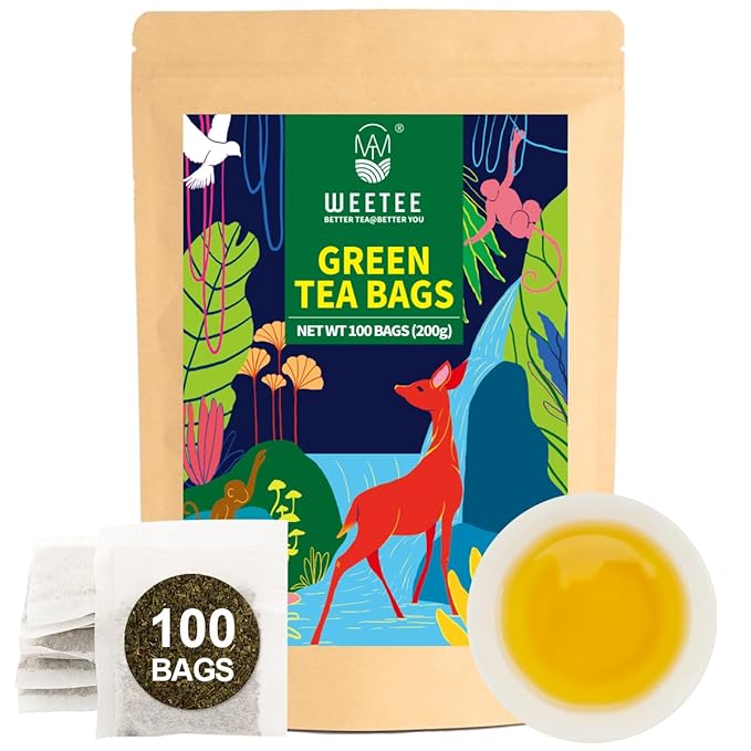 WT WEETEE Green Tea Bags, 100 Count Pure Green Tea, Super Antioxidant | Resealable Kraft Bag | Brew Hot or Iced