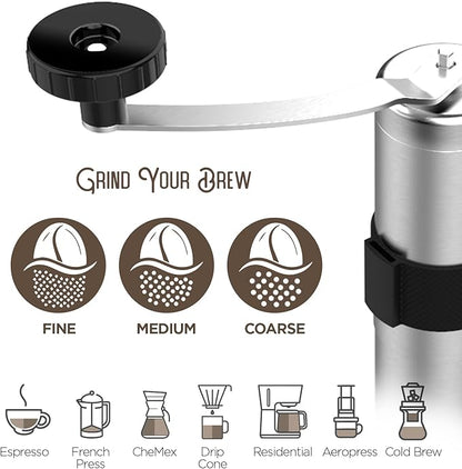 Manual Coffee Grinder — Stainless Steel Conical Burr Coffee Bean Grinder with Hand Crank, 18 Adjustable Settings, Storage Pouch and Sturdy Grip — Portable Coffee Grinder for Camping or Travel