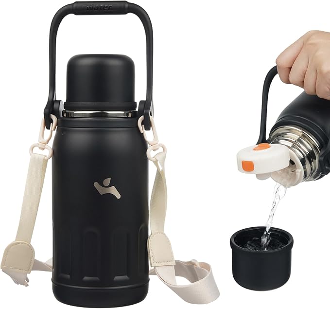 Insulated Water Bottle with Handle and Strap,Vacuum Travel Tumbler with Cup Lid,Thermo Coffee Cup for Hot Cold Drinks 27 OZ,Black
