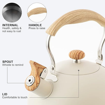 2.6 Quart/2.5 L Whistling Tea Kettles with Wood Grain adjustment Nylon Handle, Capsule Base Tea Kettle, White (White)