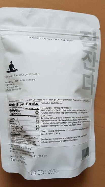 IDO TEA Snooze Delight Good Night Tea | Organic Herbal Bedtime & Calming Caffeine Free Tea with Jeju Dwarf Bamboo & Red Polygoni Root (30 Tea Bags)