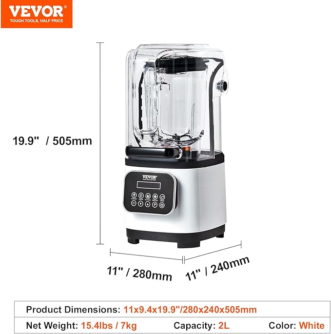 VEVOR Commercial Countertop Blenders with Shield,68 oz Jar Blender Combo, Stainless Steel 9 Speed & 5 Functions, for Shakes, Smoothies, Peree, and Crush Ice, White
