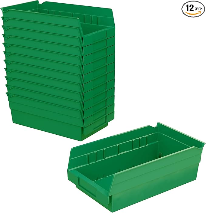 Akro-Mils 30130 Plastic Shelf Bins, Heavy Duty Storage Bins for Garage, Closet, and Drawer Organization, 12-Inch x 6-1/2-Inch x 4-Inch, Green, 12-Pack