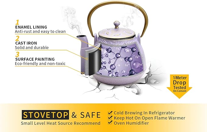 Tea Kettle, TOPTIER Japanese Cast Iron Teapot with Stainless Steel Infuser, Cast Iron Tea Kettle Stovetop Safe, Leaf Design Teapot Coated with Enameled Interior for 40 Ounce (1200 ml), Purple