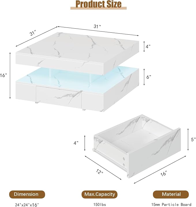 White Marble LED Coffee Table with 2 Storage Drawers for Living Room Square Center Middle Table Modern Cocktail Table with Light 2-Tier Tea Tables Contemporary Mid Century Wood Home Office
