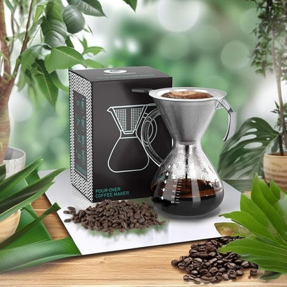 Coffee Gator Pour Over Coffee Maker - 27oz High Heat Borosilicate Glass with Reusable Stainless Steel Filter, Drip Coffee Brewer Dripper Set Carafe, 800ml Clear