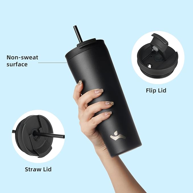 30 OZ Insulated Tumbler with Lid and 2 Straws Stainless Steel Water Bottle Vacuum Travel Mug Coffee Cup,Black