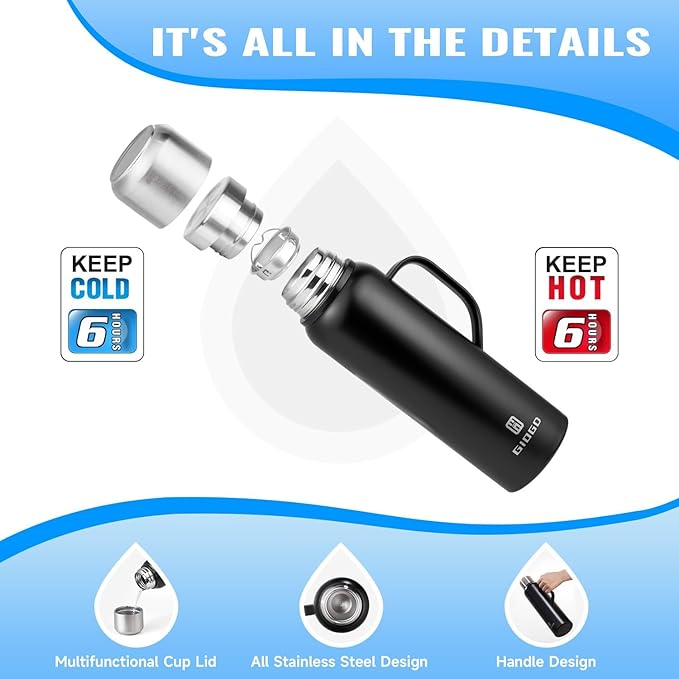 Insulated Vacuum Thermo Bottle 1000ml/33.8oz with Cup Stainless Steel Coffee Bottles for Hot and Cold Drink Water Flask.(Green, with Handle, 1000ml)