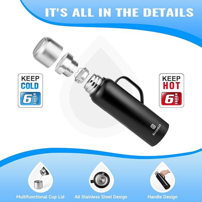 Insulated Vacuum Thermo Bottle 1000ml/33.8oz with Cup Stainless Steel Coffee Bottles for Hot and Cold Drink Water Flask.(Silver, with Handle, 1000ml)