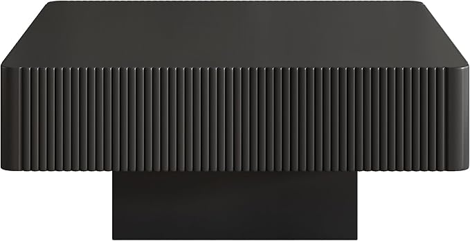 Square Coffee Table for Living Room, Accent Fluted Coffee Table with Storage, Modern Solid Wood Veneered Large Center Tea Table for Small Space Apartment (31.6''D×14''H-Black)