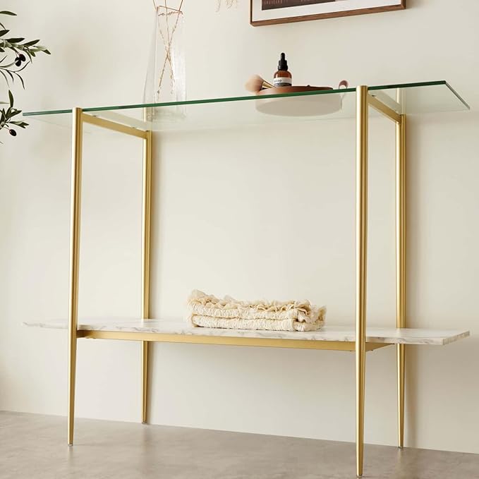 Glass Console Table for Living Room, Foyer & Entrance, 2-Tiers Mid-Century Modern Sofa Table with Clear Glass Top, White Marble Finish Wood Shelf and Gold Finish Frame