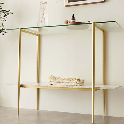 Glass Console Table for Living Room, Foyer & Entrance, 2-Tiers Mid-Century Modern Sofa Table with Clear Glass Top, White Marble Finish Wood Shelf and Gold Finish Frame