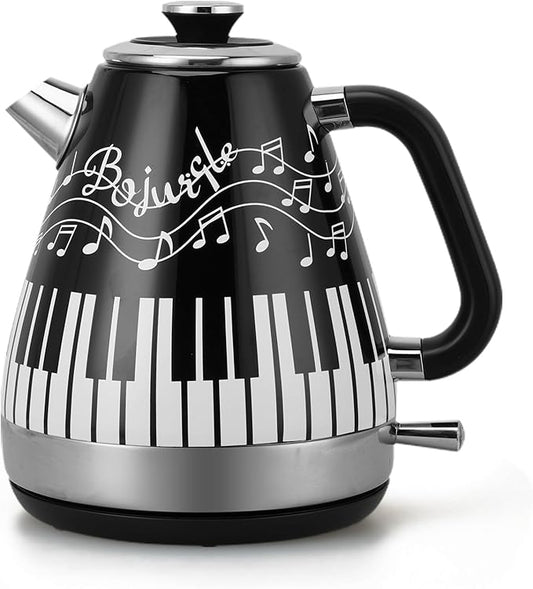 Artistic Electric Kettle with Hand-Applied Piano Keys and Music Note Stickers - 1.7L Stainless Steel Tea Kettle with LED Indicator, BPA-Free, 1200W Rapid Boil, Auto Shut-Off and Boil-Dry Protection
