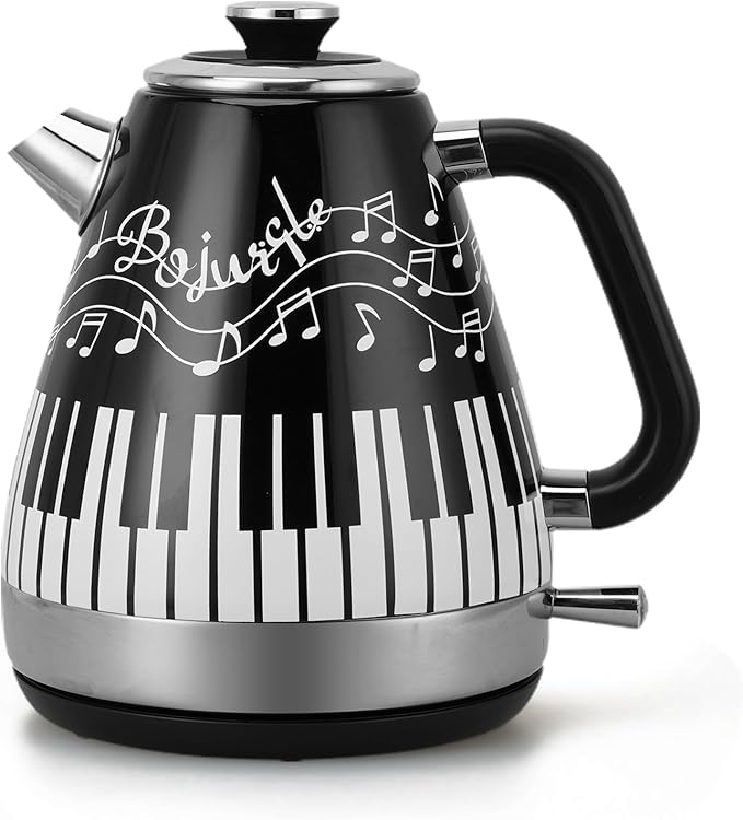 Artistic Electric Kettle with Hand-Applied Piano Keys and Music Note Stickers - 1.7L Stainless Steel Tea Kettle with LED Indicator, BPA-Free, 1200W Rapid Boil, Auto Shut-Off and Boil-Dry Protection