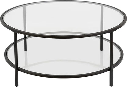Henn&Hart 36" Round Coffee Table with Glass Top and Glass Open Storage Shelf for Living Room, Family Room, Office, or Apartment, Blackened Bronze