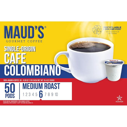 Maud's Columbian Coffee Pods, 50 ct, Single Origin, Medium Roast Coffee in Recyclable Single Serve Pods – 100% Arabica Coffee, Compatible with Keurig K Cups Maker