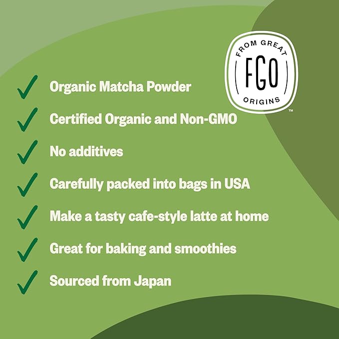 FGO Organic Matcha Green Tea Powder, Japanese Culinary Grade for Cooking, Baking, or Smoothies, 16oz Bulk Resealable Bag, Packaging May Vary (Pack of 1)