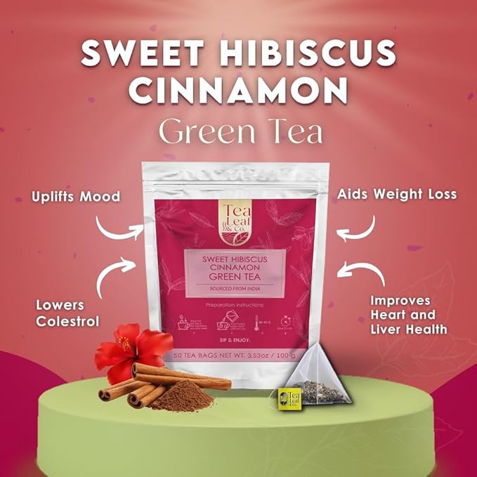 Sweet Hibiscus Cinnamon Green Tea Bags (50 Count), Caffeinated, Real and Natural, Blended with Fresh Herbs and Spices, Gluten Free