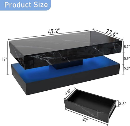 47.2" Large High-Glossy LED Coffee Table with 2 Sliding Drawers, Living Room Storage Coffee Tables with Marbling Print, Modern Stylish Double-Layer Center Tables w/LED Lights, Black