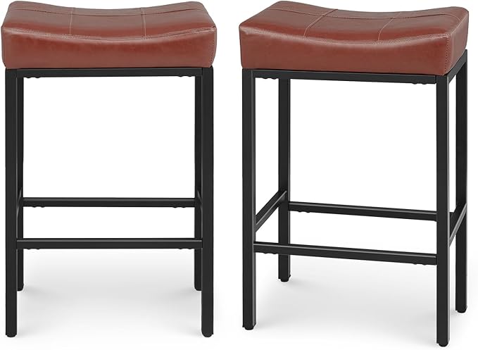 Athena Collection Counter Height Bar Stools Set of 2, 31.5 Inches Saddle Bar Stools with Leather Upholstered and Metal Legs, Backless Barstools for Counter, Kitchen Island, Dining Room, Mocha
