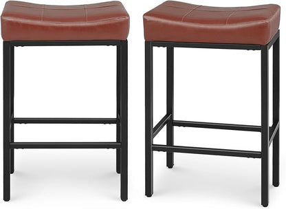 Athena Collection Counter Height Bar Stools Set of 2, 31.5 Inches Saddle Bar Stools with Leather Upholstered and Metal Legs, Backless Barstools for Counter, Kitchen Island, Dining Room, Mocha