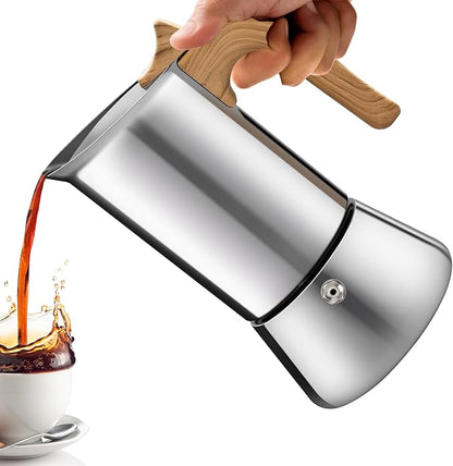 No Coating 2 Cup Moka Pot Thickened 304 Stainless Steel Stovetop Espresso Coffee Maker 100ml 3.4oz Mocha Percolator Greca Cuban Ideal for Making Rich Authentic Italian Café
