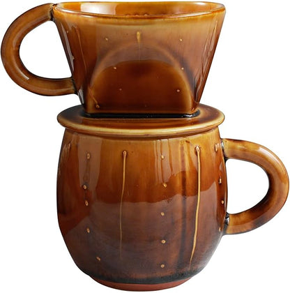 Asayu Japan Ceramic Coffee Pour Over Maker Set in Caramel, Slow Brewing Paper Filter Holder and Dripper with 3 Holes for Coffee and Tea (Complete 2PCS Set)