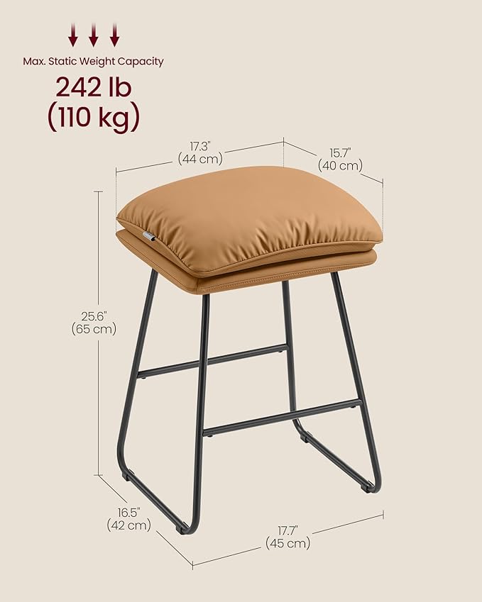 VASAGLE Bar Stools Set of 2, Counter Height Bar Stools, Leather Counter Stools Barstools with Soft Cushion and Metal Sled Legs, 25.6 Inches Bar Height Bar Chairs for Kitchen Island, Caramel Brown