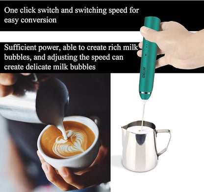 Delm Milk Frother Electric USB Stainless Steel Accessory - Frother Wand Foam Maker for Lattes - Milk Frother Handheld for Cappuccino, Frappe, Matcha, Hot Chocolate - Frother for Coffee (green)