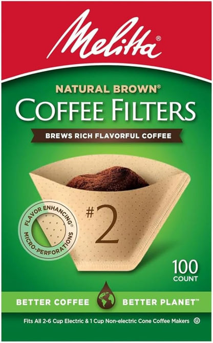 Melitta Cone Coffee Filters, Natural Brown, No. 2, 100-Count Filters (Pack of 6)