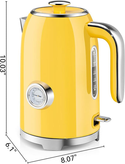 SUSTEAS Electric Kettle - 57oz Hot Tea Kettle Water Boiler with Thermometer, 1500W Fast Heating Stainless Steel Tea Pot, Cordless with LED Indicator, Auto Shut-Off & Boil Dry Protection, Retro Yellow