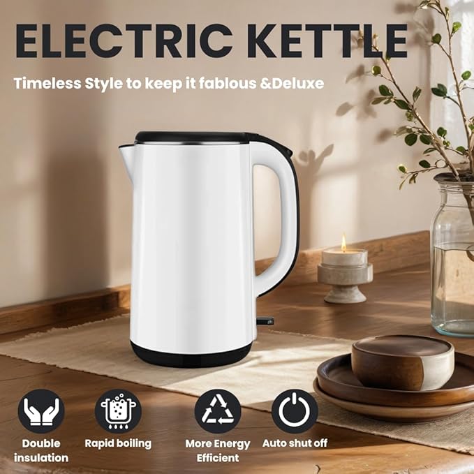 FAB&DELUXE 1.8L Stainless Steel Kettle Water Boiler, Double Wall Insulated,Fullbody 304Stainless Steel Interior & Lid,Quick Heating Electric Kettles for Boiling Water,Auto Shut-Off,White