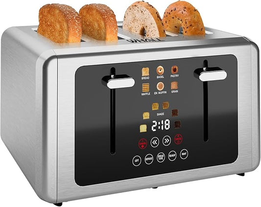whall 4 Slice Touch Screen Toaster, Stainless Steel Toasters Digital Timer, Dual Control Panel Toasters，6 Shade Settings＆6 Bread Types, Smart Wide Slots, Bagel, Cancel, Defrost,Stainless Steel