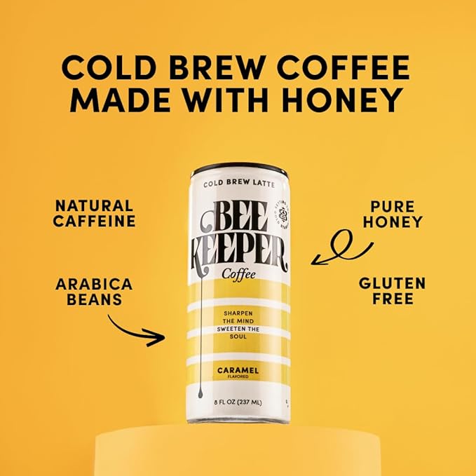 Beekeeper Coffee Cold Brew Caramel Latte with Oregon Honey, 8 fl oz cans (Pack of 12), Ready-to-Drink, 125mg Natural Caffeine