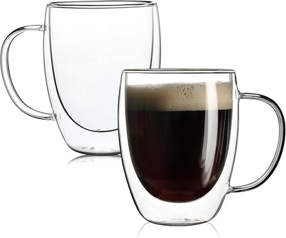 Aurzen 2 Pack Double Walled Glass Coffee Mugs with Handles, Large Insulated Layer Coffee Cups, 12oz Clear Borosilicate Mugs, Perfect for Cappuccino, Tea, Microwave Safe