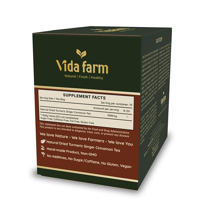 VIDA FARM 75 Turmeric Ginger Cinnamon Tea Bags, Natural Ginger Cinnamon Turmeric Tea, Ginger Cinnamon Turmeric Herbal Tea, Sugar Free, Caffeine Free, Gluten Free