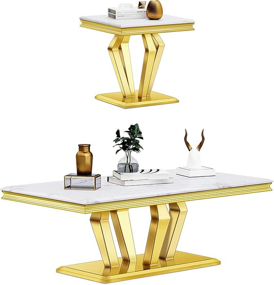 Living Room Table Set, 2-Piece Table Set Includes Coffee Table & End Tables, White and Gold Table Set for Home Apartment Office