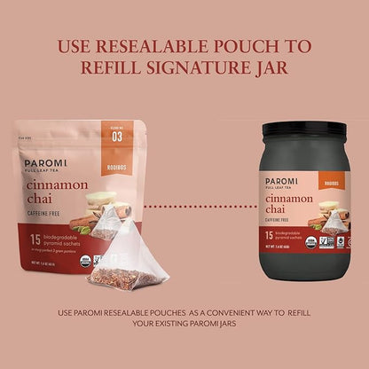 Paromi Cinnamon Chai Rooibos Organic Tea, Signature Jar, 15 Count (Pack of 3)