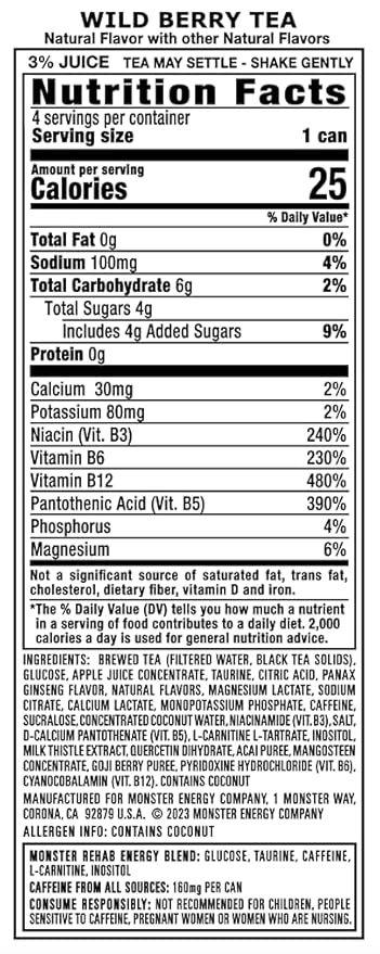 Monster Rehab Wild Berry Tea + Energy, Energy Iced Tea, Energy Drink, 15.5 Ounce (Pack of 15)