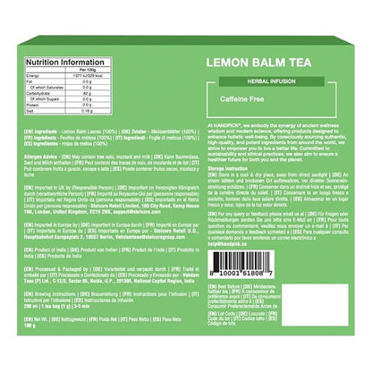 HANDPICK Lemon Balm Tea Bags – 100 Count | 100% Pure & Naturally Dried | Caffeine-Free Herbal Tea with Citrus Flavor & Aroma | Premium Lemon Balm Leaf for Calming and Digestion Support