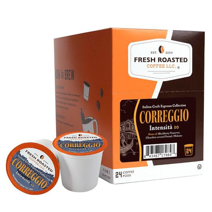 Fresh Roasted Coffee, Correggio Italian Craft Artisan Blend, Dark Roast, Kosher, 24 Pods for K cup Brewers