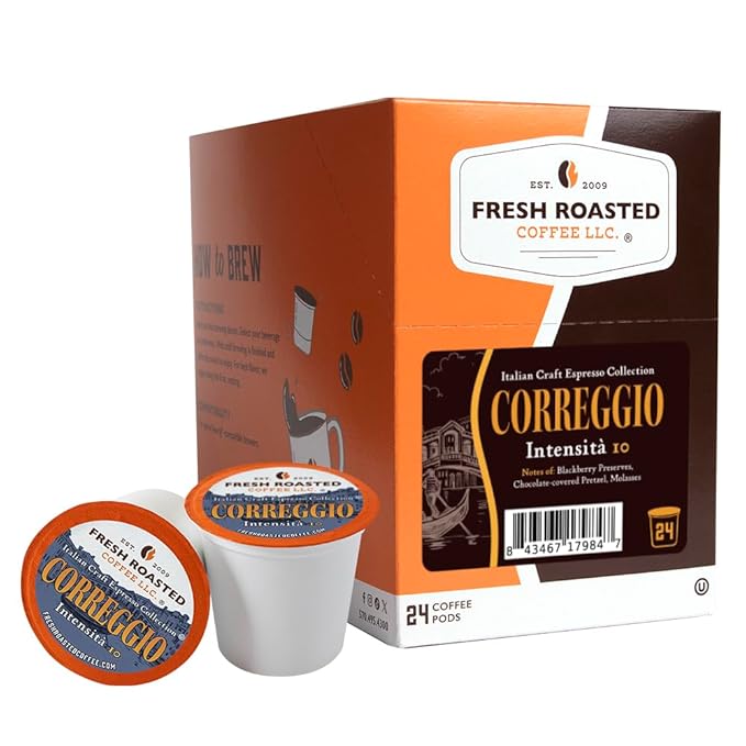 Fresh Roasted Coffee, Correggio Italian Craft Artisan Blend, Dark Roast, Kosher, 24 Pods for K cup Brewers