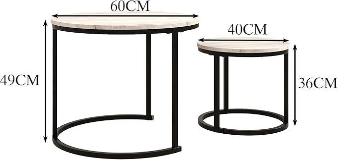Round Coffee Table Set of 2 for Living Room,Black Small Coffee Table Living Room Table,Nesting Tables Metal Frame/Wood,Sturdy and Easy Assembly,Stacking Side Tables Bedroom,White Oak