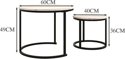 Round Coffee Table Set of 2 for Living Room,Black Small Coffee Table Living Room Table,Nesting Tables Metal Frame/Wood,Sturdy and Easy Assembly,Stacking Side Tables Bedroom,White Oak