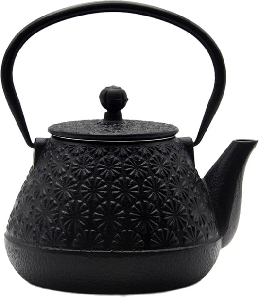20.3oz Small Cast Iron Teapot, SECHUDO Tea Kettle for Stovetop Safe Coated with Enameled Interior, Japanese Style Tea Pot with Stainless Steel Infuser for Loose Tea (Black Gerbera Pattern)