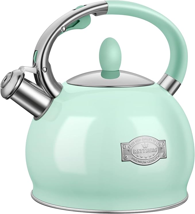 Tea Kettles Stovetop, 2.64 Quart Induction Whistling Tea Kettles Food Grade Stainless Steel Teapots with Cool Touch Handle Mint Green