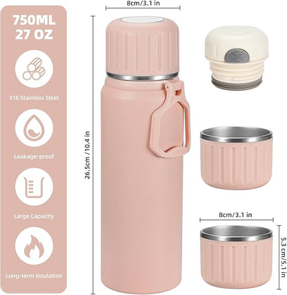 750ml/27 OZ Coffee Thermo with 3 cups, Insulated Water Bottle, Stainless Steel Vacuum Flask Set for Hot and Cold Drinks, Gifts Box