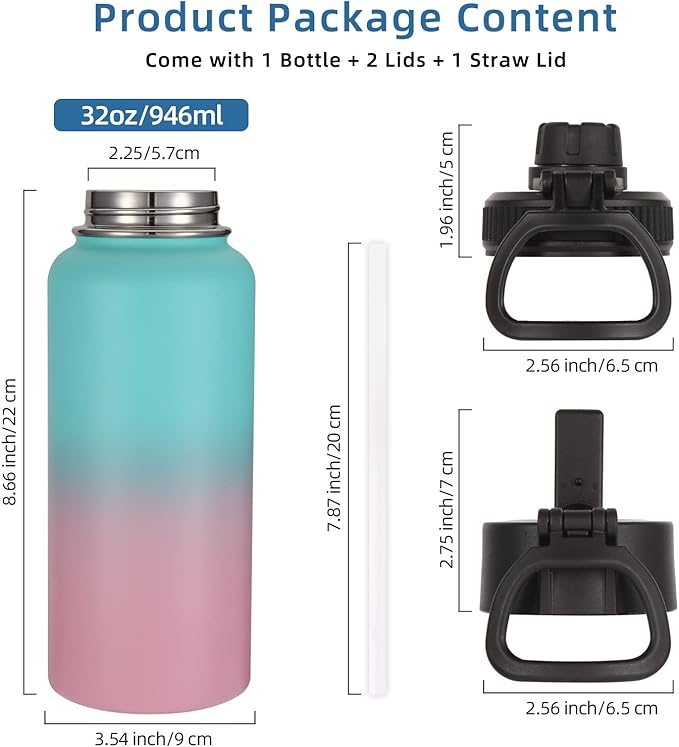 Volhoply 32 oz Insulated Water Bottles Bulk 4 Pack with Straw Lid & Spout Lid,Stainless Steel Sports Water Bottle,Double Wall Vacuum Cups,Leakproof Wide Mouth Metal Flask for Travel(Green Pink,4)